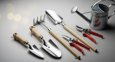 Elevated still life of gardening tools showcasing trowels, rake, pruners and watering can