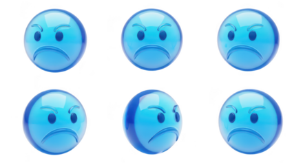 Six blue angry emoticon spheres are displayed on a white background possibly to represent negative emotions in digital designs