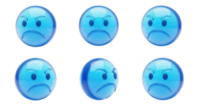 Six blue angry emoticon spheres are displayed on a white background possibly to represent negative emotions in digital designs - Powered by Adobe