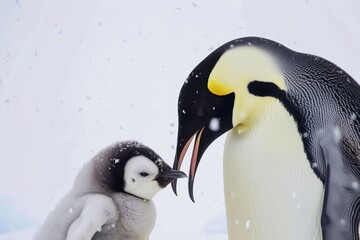 Penguin parents nurture their young chick in a snowy Antarctic landscape during the cold winter months