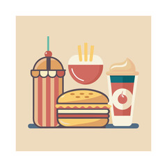 A Colorful Vintage Illustration of Popular Fast Food Items and Refreshing Drinks on a Light Beige Background
