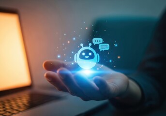 Hand holding glowing chatbot icon with digital communication symbols