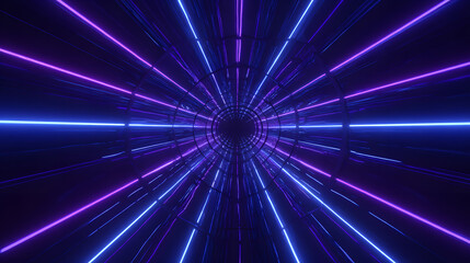 Naklejka premium Abstract neon tunnel, vibrant purple and blue lines converge.