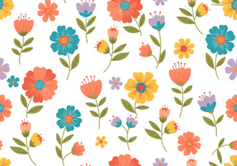Seamless pattern with hand-drawn stylized folk-art flowers featuring symmetrical petals and leaves in coral, teal, golden yellow, and lavender on a white background. Ideal for bright textile and stati