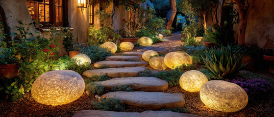 Enchanting garden pathway with glowing stones at night