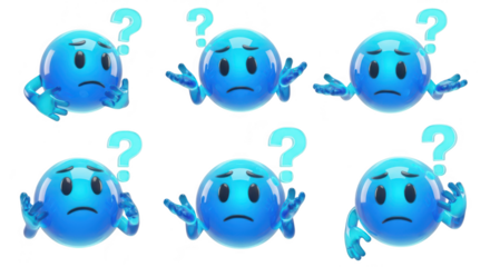 Blue 3D spheres with question marks displaying confusion against a white backdrop for brainstorming or education