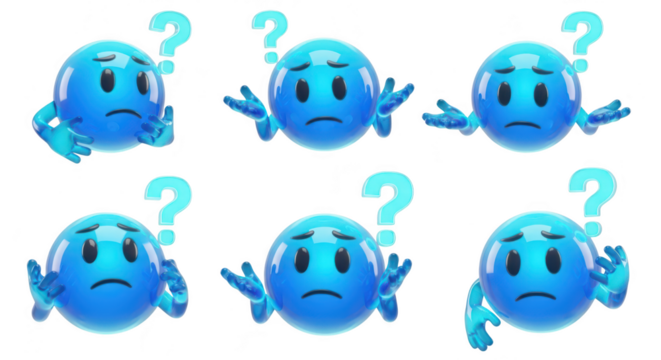 Blue 3D spheres with question marks displaying confusion against a white backdrop for brainstorming or education