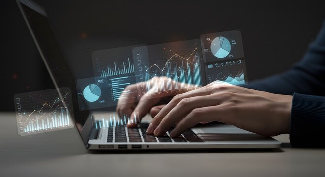Data Analysis and Financial Technology - Businessperson Working on Laptop with Data Charts - Powered by Adobe