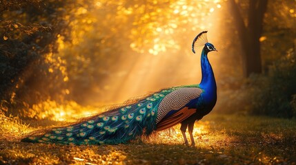 Majestic peacock posing in sunlit forest glade with vibrant feathers and serene atmosphere