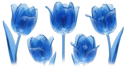 3D rendered vibrant blue tulips blooming against a pristine white backdrop suitable for graphic design elements
