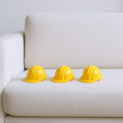Three Yellow Construction Helmets on White Sofa Minimalist Interior