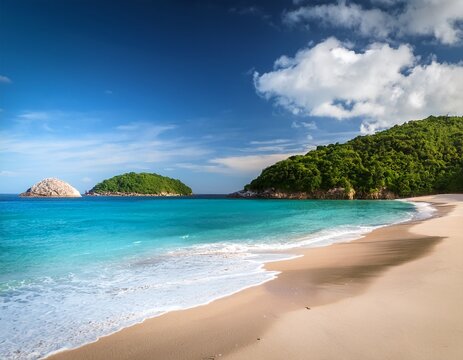 sandy beach paradise ocean view with lush islands seascape coastline