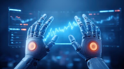 Innovative financial data analysis concepts. A futuristic robot with metallic hands interacts with a digital interface displaying data and graphs, highlighting advanced technology.