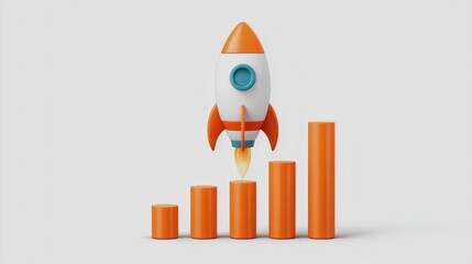 Innovative financial data analysis concepts. A stylized rocket launching upward, symbolizing growth, alongside ascending bar graphs in orange, representing progress and success in business.
