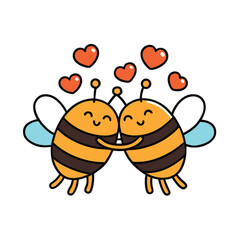 Fototapeta premium Two happy bees hugging surrounded by hearts insects love