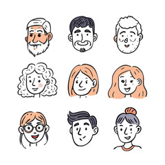 Big set of hand-drawn doodle faces. Simple avatar portrait of men, woman various ages for social media, apps, icons, website
