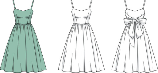 Spaghetti strap dress CAD drawing, fit and flare silhouette, bow detail, flat fashion sketch, green, white, vector apparel illustration