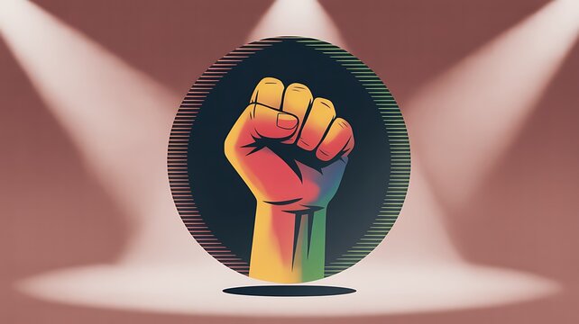 Powerful fist raised in solidarity under spotlights