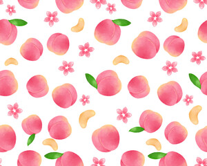 桃 水彩手描きイラスト シームレスパターン 背景