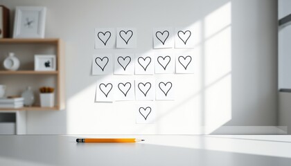 Heart illustrations arranged on wall in modern workspace with sunlight. sticky notes shaped like hearts (Valentine’s Day)  