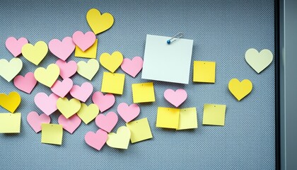Colorful sticky notes in heart shapes on a gray background. sticky notes shaped like hearts (Valentine’s Day)  