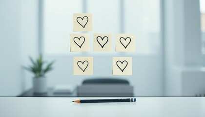 Sticky notes with heart symbols on desk in modern office environment. sticky notes shaped like hearts (Valentine’s Day)  