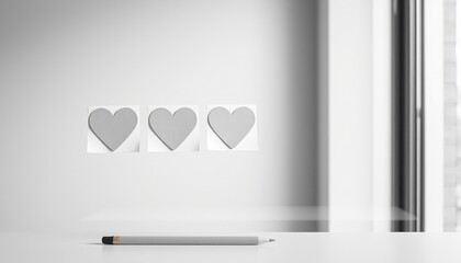 Minimalist design with three heart stickers on white wall. sticky notes shaped like hearts (Valentine’s Day)  