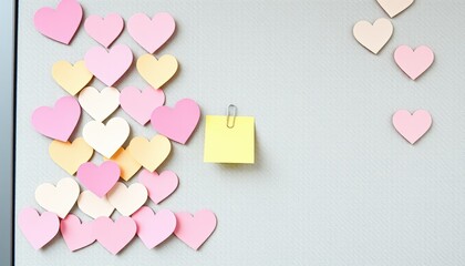 Colorful heart-shaped sticky notes on wall with empty yellow note. sticky notes shaped like hearts (Valentine’s Day)  