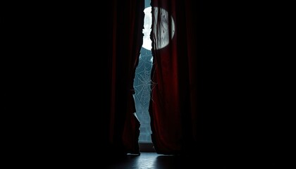 Moonlight shining through partially opened red curtains at night. torn curtain with stains (Halloween)  
