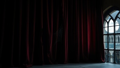 Dark velvet curtains in dimly lit room with arched window. torn curtain with stains (Halloween)  