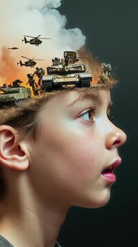AI generated vertical side closeup of face of frightened young boy traumatized by memories of war, with images of tanks, soldiers, helicopters, bomb explosions on his mind