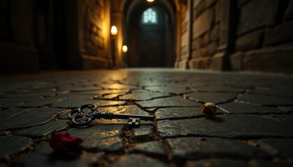 Rusty key lying on cracked stone floor with rose petals nearby. vintage key on stone floor (Halloween)  