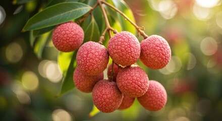 Close-up of a cluster of pinkish-red fruit growing on a branch with lush green leaves, bathed in sunlight against a blurred backdrop