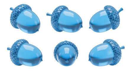 Six blue transparent acorns displayed in different angles against a white background suitable for educational or illustrative content
