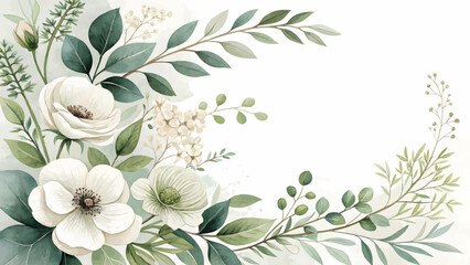 Watercolor floral background. Delicate watercolor floral arrangement with white flowers and greenery with copy space.