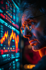 Focused man analyzing stock market data on screens in dimly lit room with glasses and gray beard