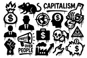Obraz premium Graffiti icons opposing capitalism with chained hands, protest fist, dollar signs, factories, and symbolic globe in bold stencil style, Transparent Background