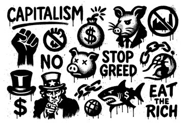 Graffiti icons opposing capitalism with chained hands, protest fist, dollar signs, factories, and symbolic globe in bold stencil style, Transparent Background