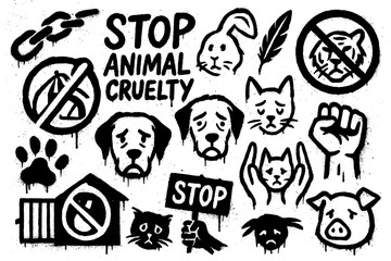 Graffiti icons of stop animal cruelty with protest fist, chained paw, sad pets, and crossed-out symbols in bold stencil art style, Transparent Background © SenorPinky