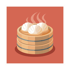 Steaming Hot Delicious Dumplings Served in a Traditional Bamboo Steamer Basket Over Red Background