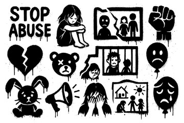 Graffiti icons of stop abuse awareness with crying child, broken heart, protest fist, and sad balloon in bold stencil art style, Transparent Background