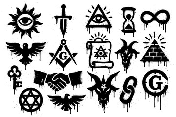 Fototapeta premium Graffiti-style Illuminati and Freemason icons with all-seeing eyes, pyramids, symbols, handshake, and chained hands, Transparent Background