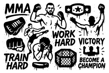 Graffiti icons of MMA fighters, boxing gloves, trophy, and championship belt in bold street stencil art style, Transparent Background
