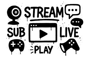 Graffiti icons of live streaming, gaming controller, headset, microphone, and chat elements in bold street art stencil style, Transparent Background