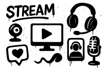 Graffiti icons of live streaming, gaming controller, headset, microphone, and chat elements in bold street art stencil style, Transparent Background
