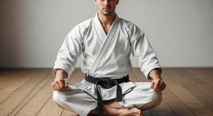 Cropped view of a martial arts master with a black belt in a gi, meditating in a dojo