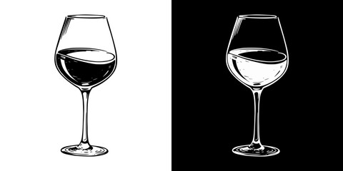 Transparent wine glass illustration, pencil drawing, isolated vector image, two design variants on transparent and black background, chalk drawing
