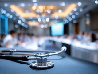 Stethoscope on a table in a conference hall