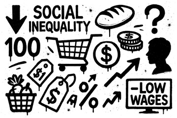 Graffiti icons of social inequality, cost of living, money bags, taxes, and low wages in bold stencil street art style, Transparent Background