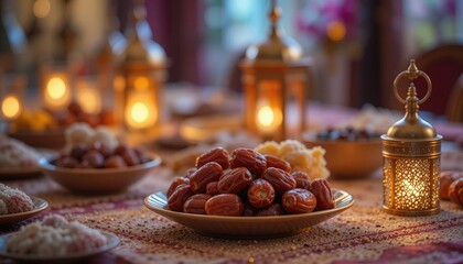 Ramadan Iftar Table with Dates and Decorative Lights.
